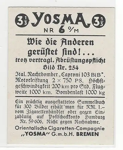 Sammelbild Yosma. Wie die anderen gerüstet sind!... Bild Nr.  254 Italienischer Nachtbomber Caproni 103 BiB