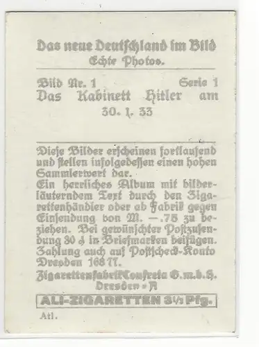 Sammelbild Ali-Zigaretten. Das neue Deutschland im Bild. Bild Nr.  1 Das Kabinett Hitler am 30.1.33