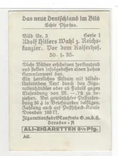 Sammelbild Ali-Zigaretten. Das neue Deutschland im Bild. Bild Nr.  3 Adolf Hitlers Wahl zum Reichskanzler