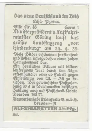 Sammelbild Ali-Zigaretten. Das neue Deutschland im Bild. Serie 1. Bild Nr. 46 Ministerpräsident und Luftfahrtminister Göring tauft das größte Landflugzeug von Hindenburg am 29.4.1933