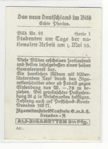 Sammelbild Ali-Zigaretten. Das neue Deutschland im Bild. Serie 1. Bild Nr. 62 Studenten am Tage der nationalen Arbeit am 1.Mai 1933