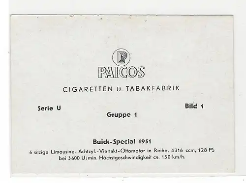 Paicos Zigarettenbilder Sammelalbum Automobile aus aller Welt. Serie U, Gruppe 1, Bild 1, Buick-Special 1951.