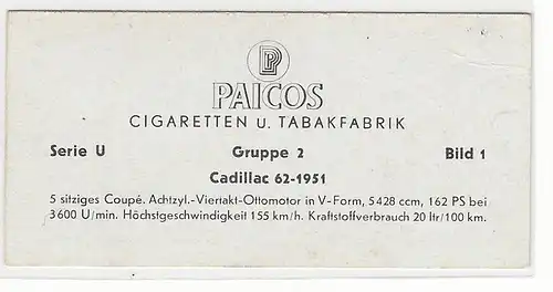 Paicos Zigarettenbilder Sammelalbum Automobile aus aller Welt. Serie U, Gruppe 2, Bild 1, Cadillac 62-1951.