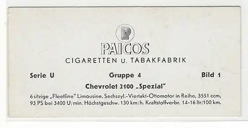 Paicos Zigarettenbilder Sammelalbum Automobile aus aller Welt. Serie U, Gruppe 4, Bild 1, Chervolet 2100 Special.
