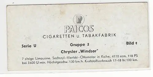 Paicos Zigarettenbilder Sammelalbum Automobile aus aller Welt. Serie U, Gruppe 5, Bild 1, Chrysler Windsor