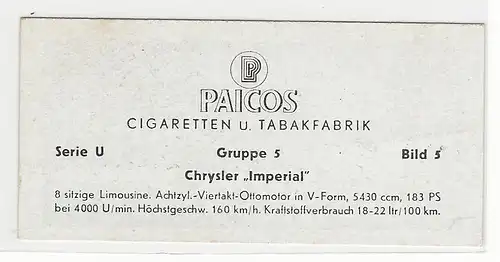 Paicos Zigarettenbilder Sammelalbum Automobile aus aller Welt. Serie U, Gruppe 5, Bild 5, Chrysler Imperial
