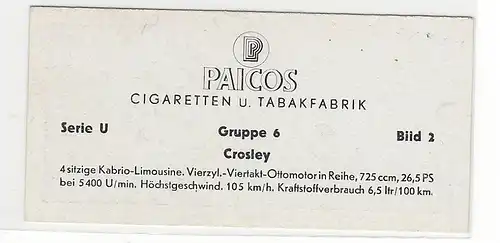 Paicos Zigarettenbilder Sammelalbum Automobile aus aller Welt. Serie U, Gruppe 6, Bild 2, Crosley