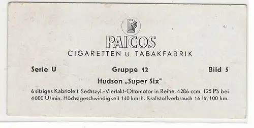 Paicos Zigarettenbilder Sammelalbum Automobile aus aller Welt. Serie U, Gruppe 12, Bild 5, Hudson Super Six