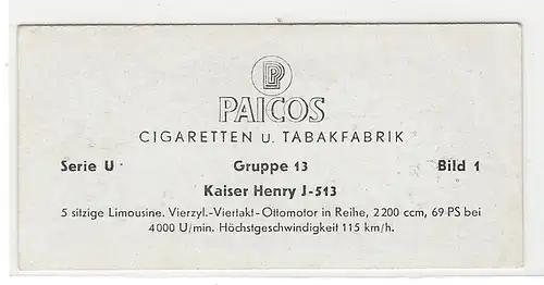 Paicos Zigarettenbilder Sammelalbum Automobile aus aller Welt. Serie U, Gruppe 13, Bild 1, Kaiser Henry J-513