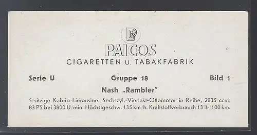 Paicos Zigarettenbilder Sammelalbum Automobile aus aller Welt. Serie U, Gruppe 18, Bild 1, Nash Rambler