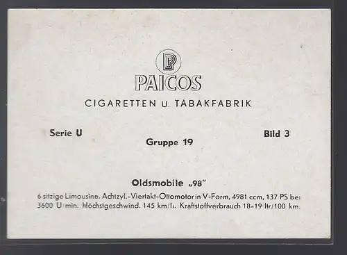 Paicos Zigarettenbilder Sammelalbum Automobile aus aller Welt. Serie U, Gruppe 19, Bild 3, Oldsmobile 98