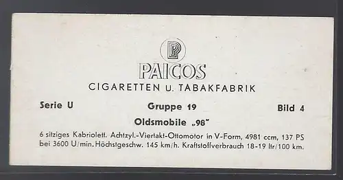 Paicos Zigarettenbilder Sammelalbum Automobile aus aller Welt. Serie U, Gruppe 19, Bild 4, Oldsmobile 98