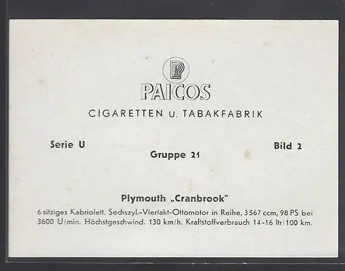 Paicos Zigarettenbilder Sammelalbum Automobile aus aller Welt. Serie U, Gruppe 21, Bild 2, Plymouth Cranbrook