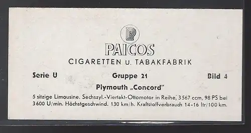 Paicos Zigarettenbilder Sammelalbum Automobile aus aller Welt. Serie U, Gruppe 21, Bild 4, Plymouth Concord