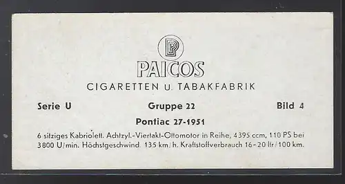 Paicos Zigarettenbilder Sammelalbum Automobile aus aller Welt. Serie U, Gruppe 22, Bild 4, Pontiac 27-1951