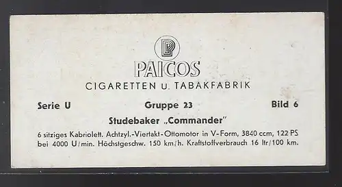 Paicos Zigarettenbilder Sammelalbum Automobile aus aller Welt. Serie U, Gruppe 23, Bild 6, Studebaker Commander