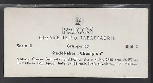 Paicos Zigarettenbilder Sammelalbum Automobile aus aller Welt. Serie U, Gruppe 23, Bild 2, Studebaker Champion