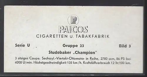 Paicos Zigarettenbilder Sammelalbum Automobile aus aller Welt. Serie U, Gruppe 23, Bild 3, Studebaker Champion