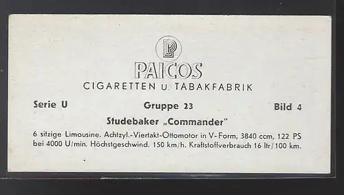 Paicos Zigarettenbilder Sammelalbum Automobile aus aller Welt. Serie U, Gruppe 23, Bild 4, Studebaker Commander