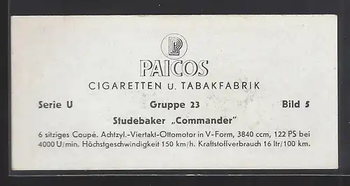 Paicos Zigarettenbilder Sammelalbum Automobile aus aller Welt. Serie U, Gruppe 23, Bild 5, Studebaker Commander