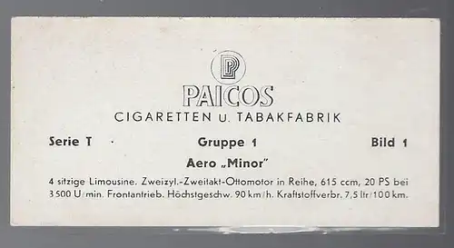 Paicos Zigarettenbilder Sammelalbum Automobile aus aller Welt. Serie T, Gruppe 1, Bild 1, Aero Minor