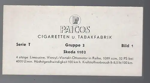 Paicos Zigarettenbilder Sammelalbum Automobile aus aller Welt. Serie T, Gruppe 2, Bild 1, Skoda 1102