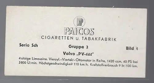 Paicos Zigarettenbilder Sammelalbum Automobile aus aller Welt. Serie Sch, Gruppe 2, Bild 1, Volvo PV 444