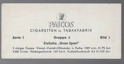 Paicos Zigarettenbilder Sammelalbum Automobile aus aller Welt. Serie I, Gruppe 3, Bild 1,  Cisitalia Gran Sport