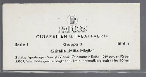 Paicos Zigarettenbilder Sammelalbum Automobile aus aller Welt. Serie I, Gruppe 3, Bild 3,  Cisitalia Mille Miglia