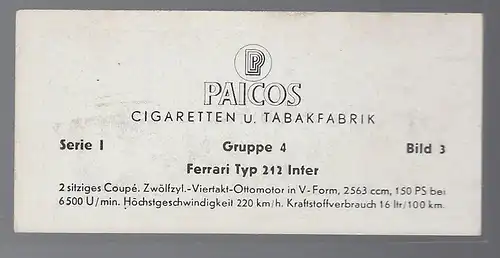 Paicos Zigarettenbilder Sammelalbum Automobile aus aller Welt. Serie I, Gruppe 4, Bild 3,  Ferrari Typ 212 Inter