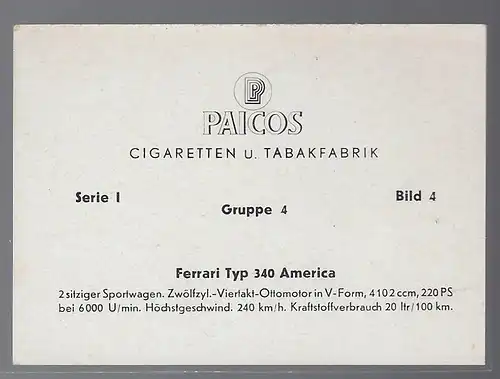 Paicos Zigarettenbilder Sammelalbum Automobile aus aller Welt. Serie I, Gruppe 4, Bild 4,  Ferrari Typ 340 America