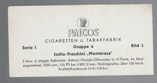 Paicos Zigarettenbilder Sammelalbum Automobile aus aller Welt. Serie I, Gruppe 6, Bild 2,  Isotta-Fraschini Monterosa