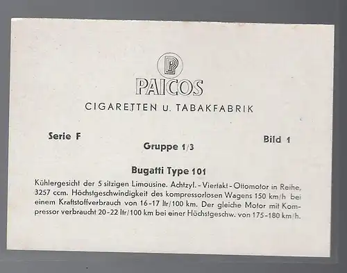 Paicos Zigarettenbilder Sammelalbum Automobile aus aller Welt. Serie F, Gruppe 1/3, Bild 1,  Bugatti Type 101