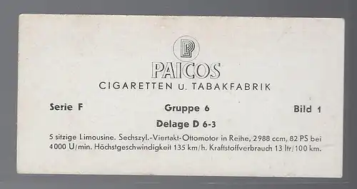 Paicos Zigarettenbilder Sammelalbum Automobile aus aller Welt. Serie F, Gruppe 6, Bild 1,  Delage D 6-3