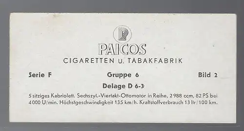 Paicos Zigarettenbilder Sammelalbum Automobile aus aller Welt. Serie F, Gruppe 6, Bild 2,  Delage D 6-3