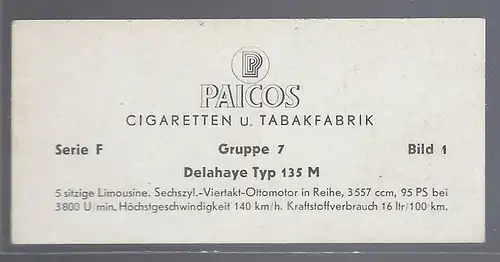 Paicos Zigarettenbilder Sammelalbum Automobile aus aller Welt. Serie F, Gruppe 7, Bild 1,  Delahaye Typ 135 M