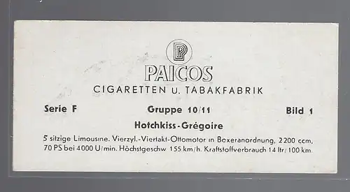 Paicos Zigarettenbilder Sammelalbum Automobile aus aller Welt. Serie F, Gruppe 10/11, Bild 1,  Hotchkiss Gregoire