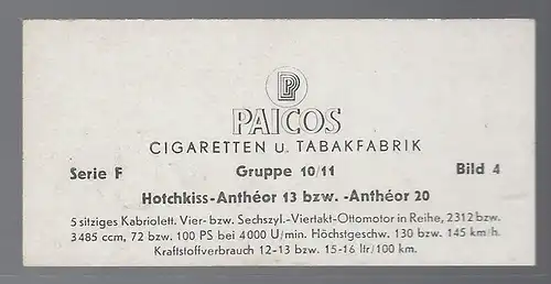 Paicos Zigarettenbilder Sammelalbum Automobile aus aller Welt. Serie F, Gruppe 10/11, Bild 4,  Hotchkiss Anthéar 13 bzw. Anthéar 20