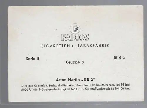 Paicos Zigarettenbilder Sammelalbum Automobile aus aller Welt. Serie E, Gruppe 3, Bild 2,  Aston Martin DB 2