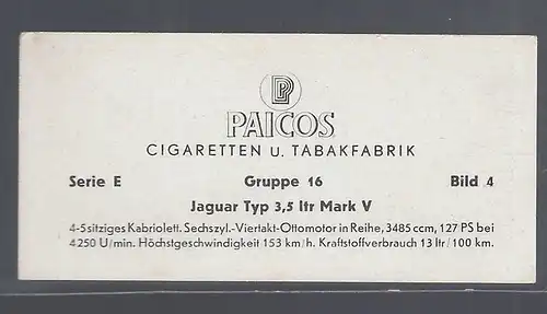 Paicos Zigarettenbilder Sammelalbum Automobile aus aller Welt. Serie E, Gruppe 16, Bild 4,  Jaguar Typ 3,5 ltr Mark V