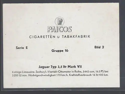 Paicos Zigarettenbilder Sammelalbum Automobile aus aller Welt. Serie E, Gruppe 16, Bild 2,  Jaguar Typ 3,5 ltr Mark VII