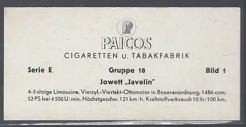 Paicos Zigarettenbilder Sammelalbum Automobile aus aller Welt. Serie E, Gruppe 18, Bild 1,  Jowett Javelin