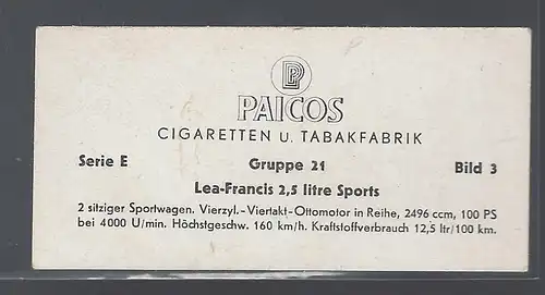 Paicos Zigarettenbilder Sammelalbum Automobile aus aller Welt. Serie E, Gruppe 21, Bild 3,  Lea-Francis 2,5 litre Sports