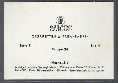 Paicos Zigarettenbilder Sammelalbum Automobile aus aller Welt. Serie E, Gruppe 24, Bild 4,  Morris Six