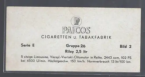 Paicos Zigarettenbilder Sammelalbum Automobile aus aller Welt. Serie E, Gruppe 26, Bild 2, Riley 2,5 ltr