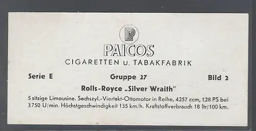 Paicos Zigarettenbilder Sammelalbum Automobile aus aller Welt. Serie E, Gruppe 27, Bild 2, Rolls-Royce Silver Wraith