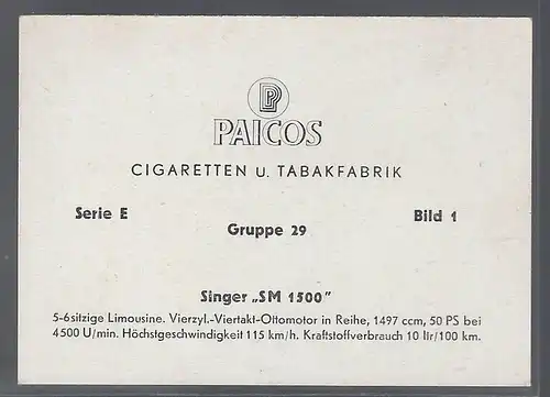 Paicos Zigarettenbilder Sammelalbum Automobile aus aller Welt. Serie E, Gruppe 29, Bild 1, Singer SM 1500