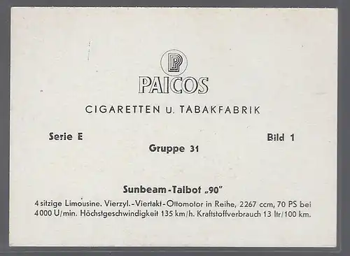 Paicos Zigarettenbilder Sammelalbum Automobile aus aller Welt. Serie E, Gruppe 31, Bild 1, Sunbeam-Talbort 90