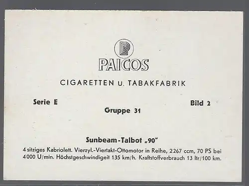 Paicos Zigarettenbilder Sammelalbum Automobile aus aller Welt. Serie E, Gruppe 31, Bild 2, Sunbeam-Talbort 90