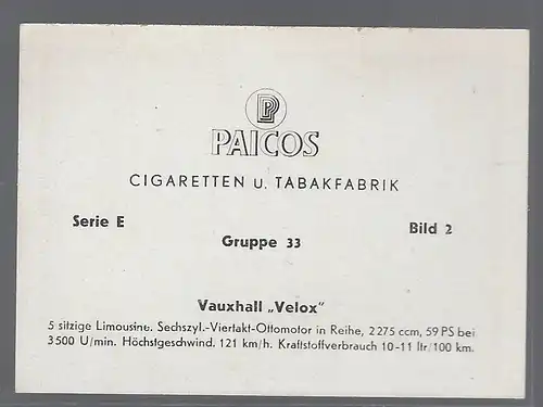 Paicos Zigarettenbilder Sammelalbum Automobile aus aller Welt. Serie E, Gruppe 33, Bild 2, Vauxhaull Velox